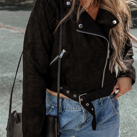 B107 Black Asymmetric Zipper Belted Hem Jacket - Picture 2 of 4